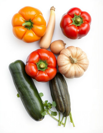 Fresh vegetables isolated on white background. Top view, flat lay.の写真素材