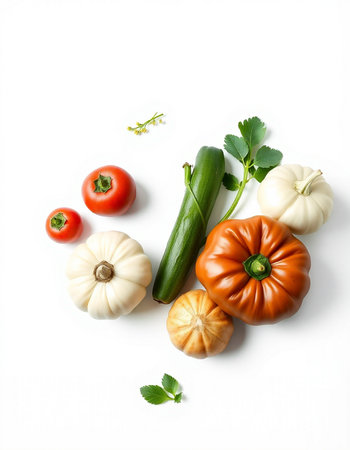 Fresh vegetables on white background, top view. Healthy food concept.の写真素材