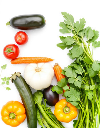 Fresh vegetables isolated on white background. Healthy food concept. Top view.の写真素材