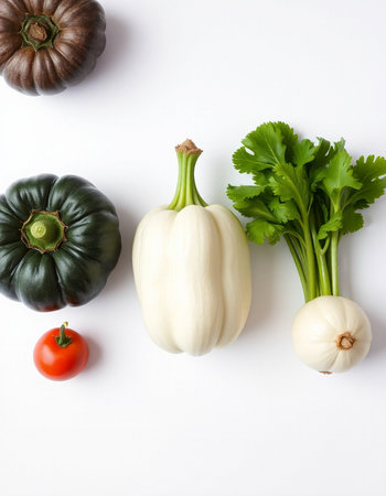 Vegetables on a white background, top view, flat layの写真素材
