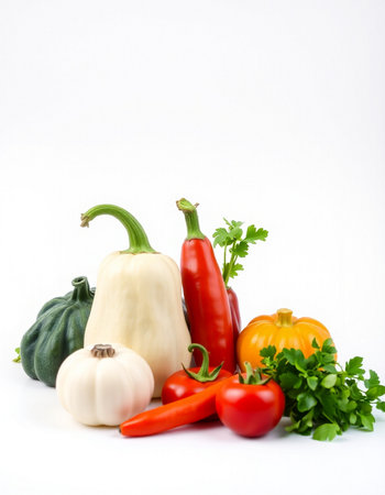 Vegetables on a white background. Pepper, tomato, garlic, parsleyの写真素材