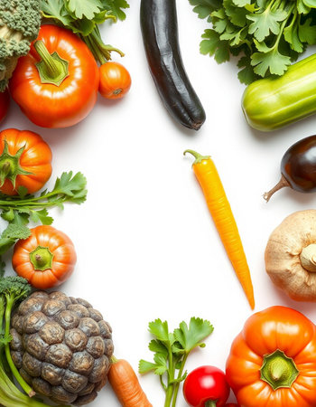 Fresh vegetables isolated on white background. Top view. Flat lay.の写真素材