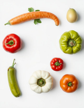 Different vegetables on white background, flat lay. Vegetarian food concept
