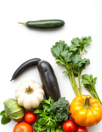 Vegetables isolated on white background. Top view, flat lay