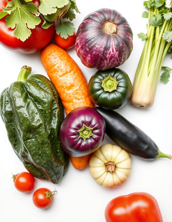 Fresh vegetables isolated on white background. Top view. Flat lay.の写真素材