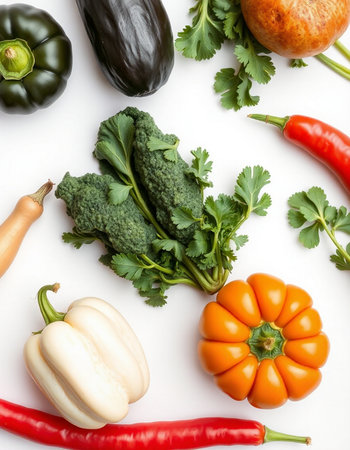 Fresh vegetables isolated on white background. Top view. Flat lay.