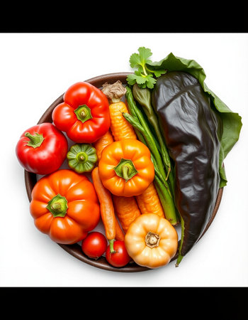Fresh vegetables in a plate on a white background. View from above.の写真素材