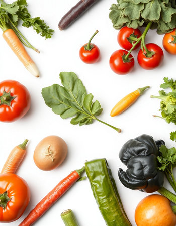 Composition with fresh vegetables on white background, top view. Space for text