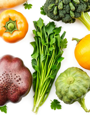 Fresh vegetables isolated on white background. Top view. Flat lay.