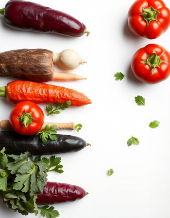 Fresh vegetables on white background, top view. Vegetarian food conceptの写真素材