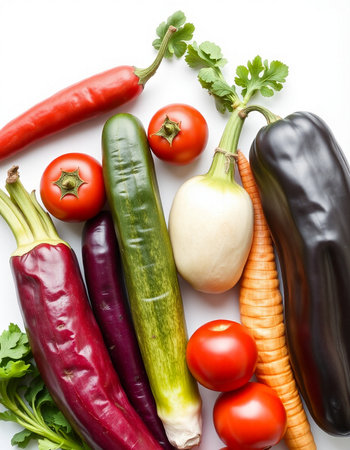 Fresh vegetables isolated on white background. Top view. Flat lay.の写真素材