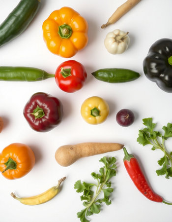 Variety of fresh vegetables on white background. Top view, flat layの写真素材