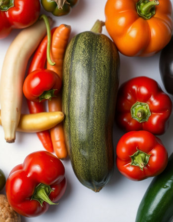 Variety of fresh organic vegetables on white background, top view.の写真素材