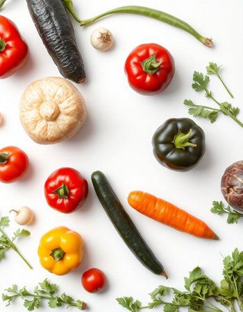 Different fresh vegetables on white background, flat lay. Vegetarian foodの写真素材
