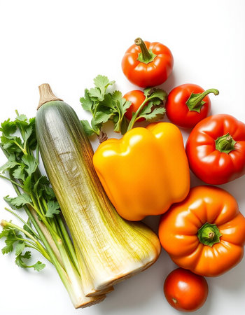 Fresh vegetables isolated on white background. Zucchini, bell pepper, tomatoes, celeryの写真素材
