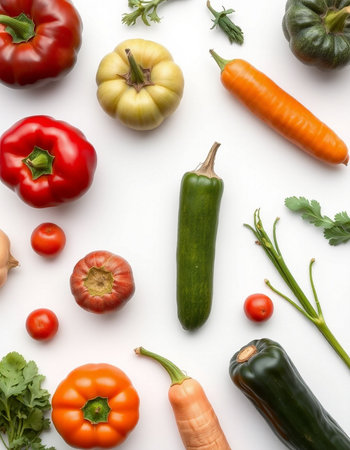 Fresh vegetables on white background. Flat lay, top view, copy spaceの写真素材
