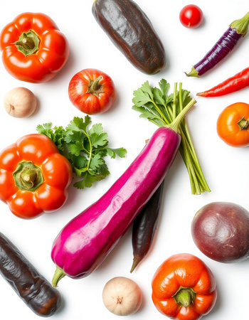 Composition with variety of vegetables on white background. Balanced diet.の写真素材