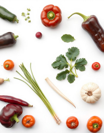 Different fresh vegetables on white background, top view. Vegetable backgroundの写真素材