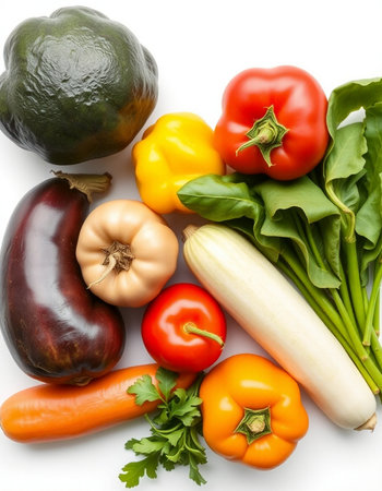 collection of fresh vegetables isolated on white background, top view, close upの写真素材