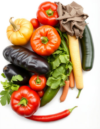 Vegetables isolated on white background. Carrot, eggplant, tomato, pepper and parsleyの写真素材
