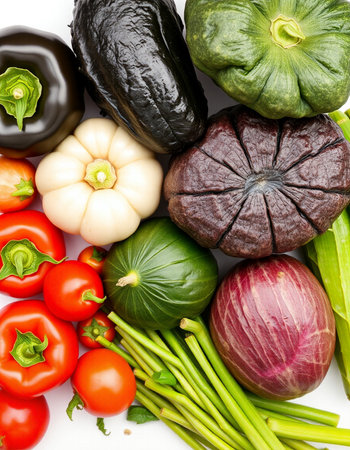 Fresh vegetables on white background, top view. Healthy food concept.の写真素材