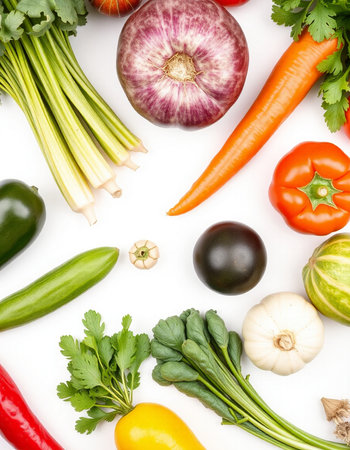 Composition with fresh vegetables on white background, top view. Space for text