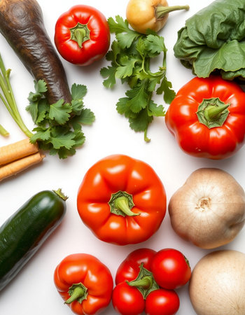 Fresh vegetables on white background, top view. Healthy food concept.