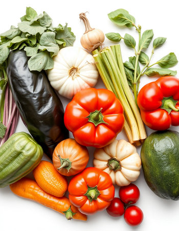 vegetables isolated on white background, top view, flat layの写真素材