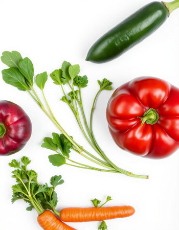 Fresh vegetables isolated on white background. Red bell pepper, green pepper, carrot and parsley