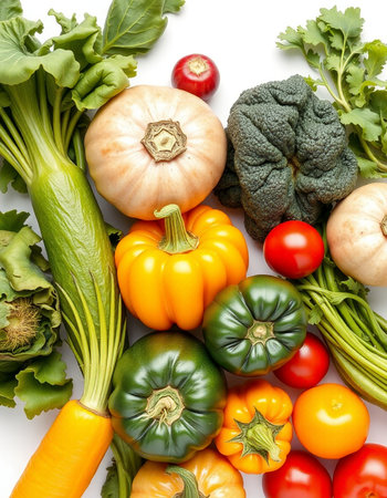 collection of fresh vegetables isolated on white background. top view. flat layの写真素材