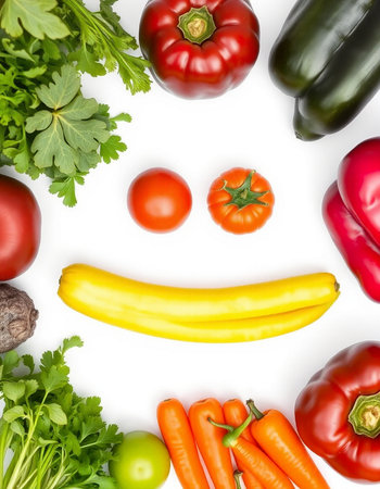 Smiling face made of fresh vegetables on white background, top viewの写真素材