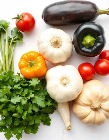 Vegetables on a white background, top view, close-upの写真素材