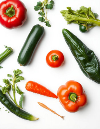Fresh vegetables on white background, top view. Concept of healthy eating