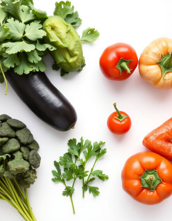 Vegetables on a white background, top view, flat lay