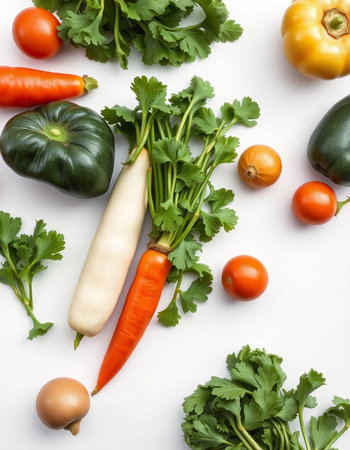 Vegetables on a white background, top view, flat layの写真素材