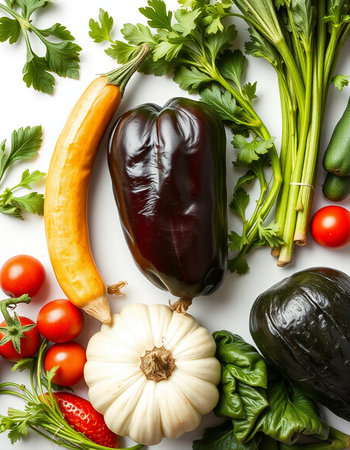 Fresh vegetables on white background, top view. Healthy food concept.の写真素材