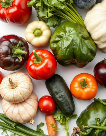 Different fresh vegetables on white background, top view. Healthy food conceptの写真素材