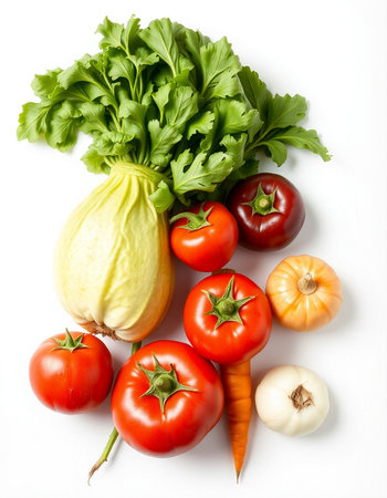 Fresh vegetables isolated on white background. Tomatoes, onions, parsleyの写真素材