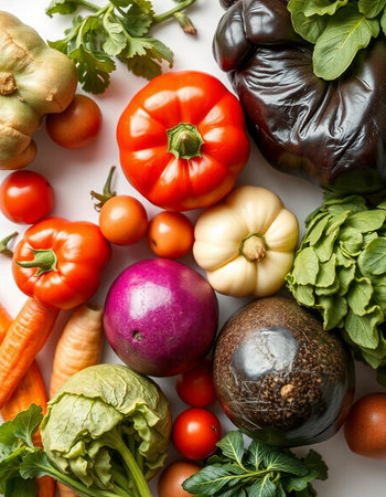 Different fresh vegetables on white background. Top view. Flat lay.の写真素材
