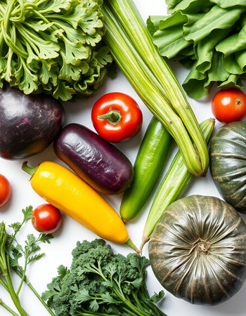 Composition with variety of fresh vegetables on white background, top viewの写真素材