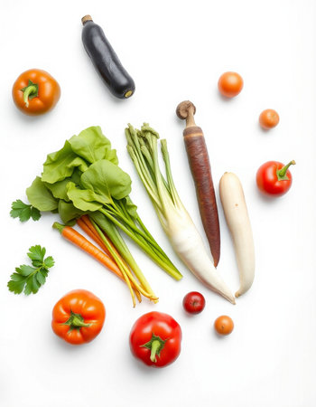 vegetables isolated on a white background, top view, healthy foodの写真素材