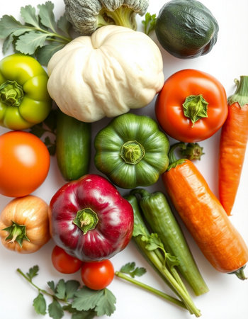 Composition with fresh vegetables on white background, top view. Balanced dietの写真素材