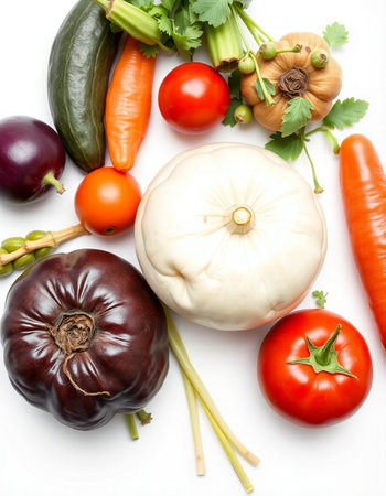 vegetables on a white background, top view, close-upの写真素材