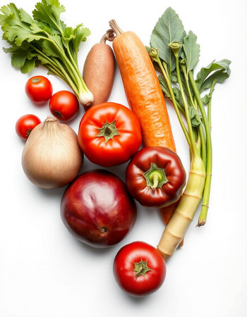 Vegetables on a white background. Tomato, carrot, onion, parsley, celery.の写真素材
