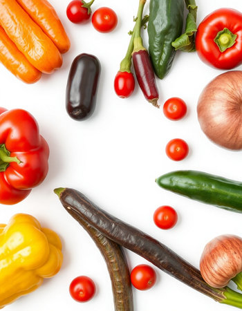 Fresh vegetables isolated on white background. Top view. Flat lay patternの写真素材