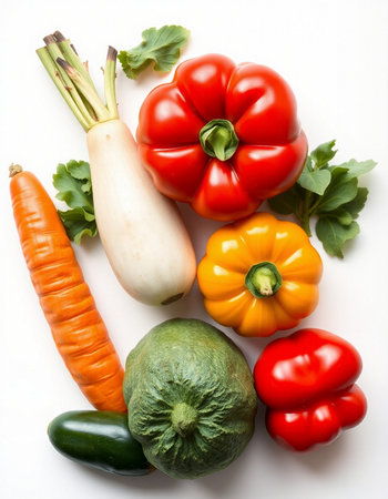 Variety of fresh vegetables isolated on white background. Top view.の写真素材