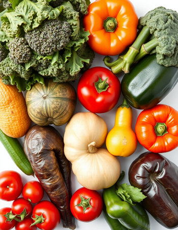 Composition with variety of fresh vegetables on white background, top viewの写真素材