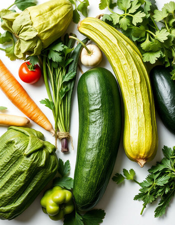 collection of fresh vegetables on white background, top view, flat layの写真素材
