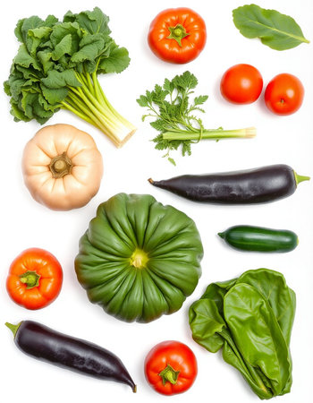 collection of various vegetables isolated on white background. Top view. Flat layの写真素材