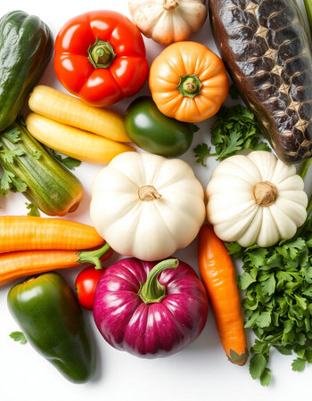 Fresh vegetables isolated on white background. Top view. Flat lay.の写真素材